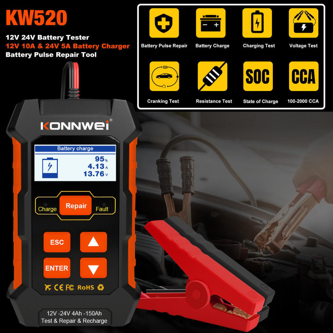 Konnwei KW-520 Ψηφιακό Battery Tester με Κροκοδειλάκια