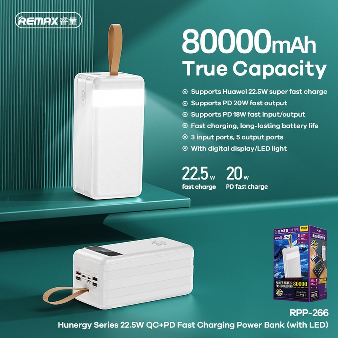 Remax RPP-266 Power Bank 80000mAh 22.5W με 4 Θύρες USB-A και Θύρα USB-C Power Delivery / Quick Charge 3.0 Λευκό