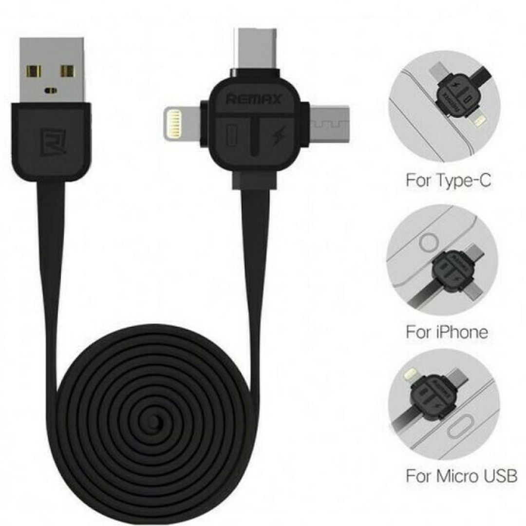 Remax Lesu RC-066th Flat USB to Lightning / Type-C / micro USB Cable 2.1A Μαύρο 1m