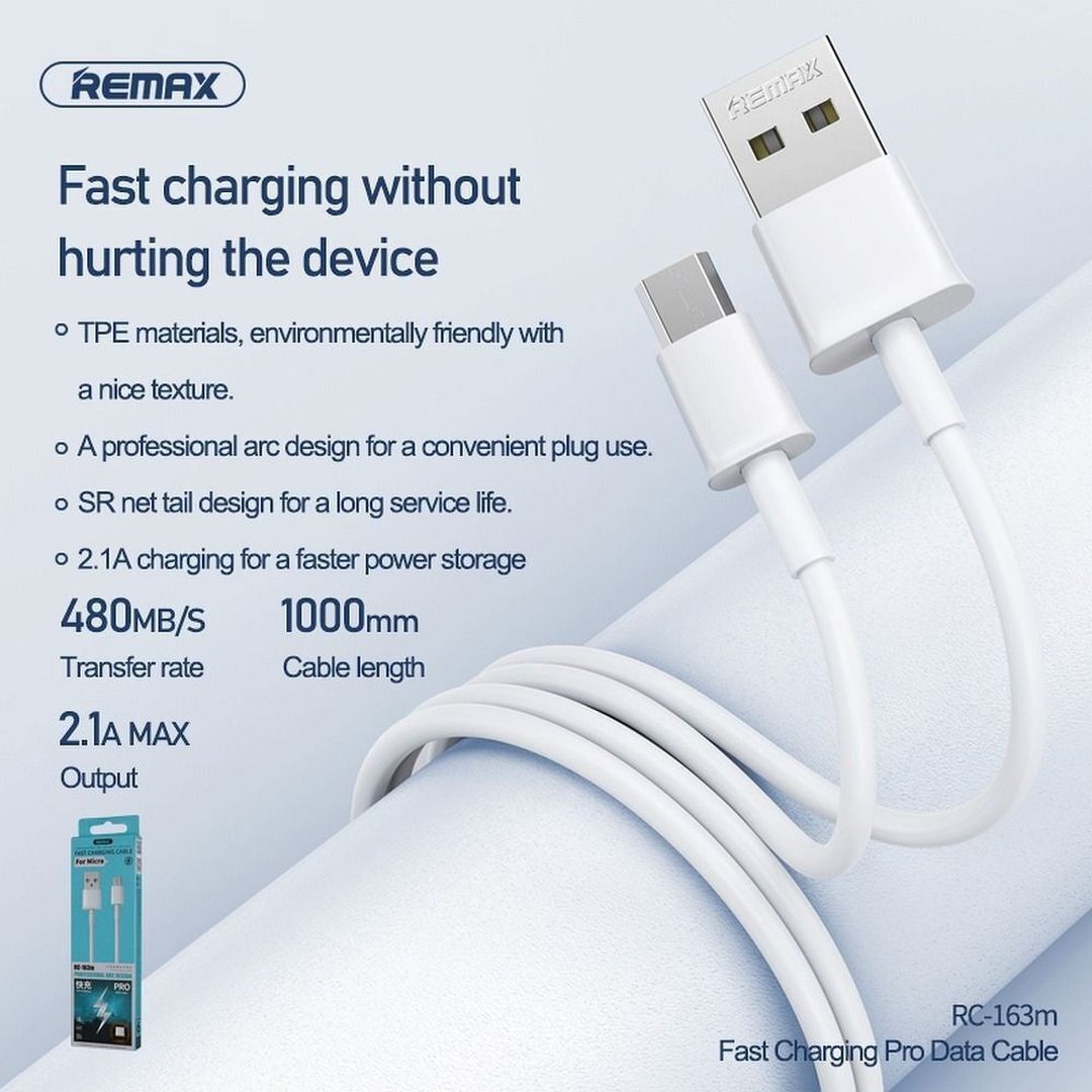 Remax RC-163M Regular USB 2.0 to micro USB Cable Λευκό 1m (RC-163M)