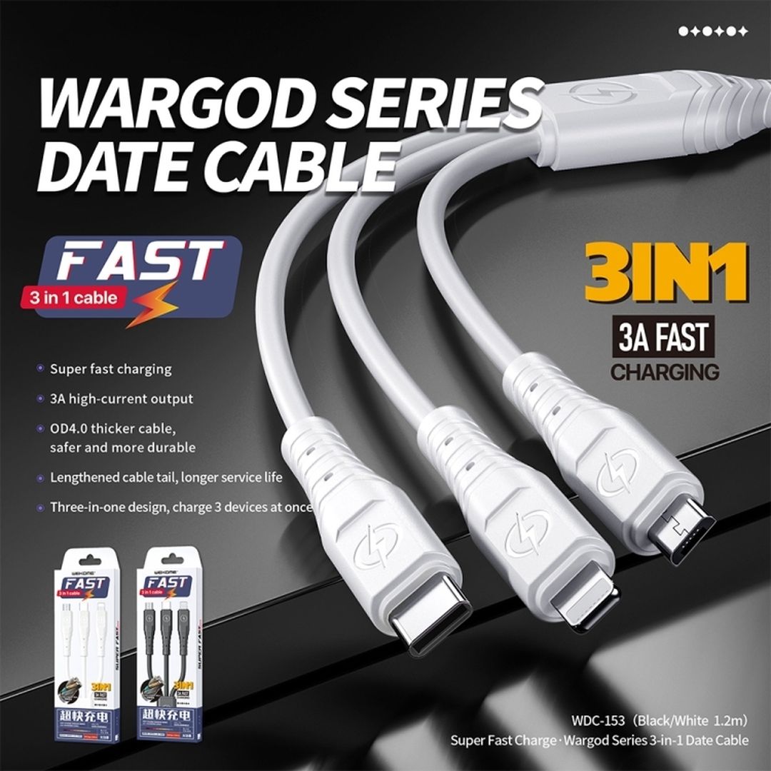 WK WDC-153 Regular USB to Lightning / micro USB / Type-C Cable Μαύρο 1.2m
