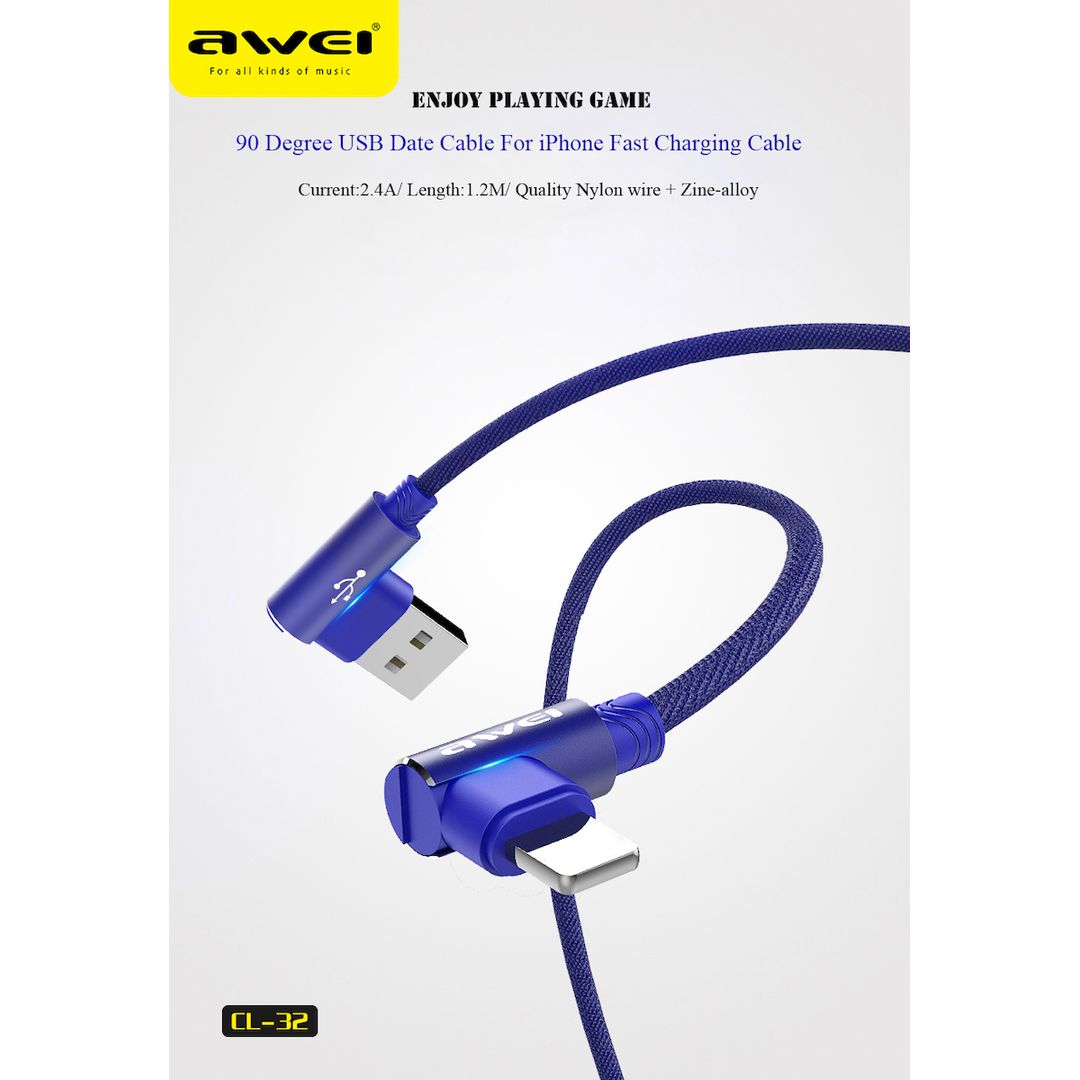 Awei Angle (90°) / Regular USB to Lightning Cable Μπλε 1.2m (cl-32)