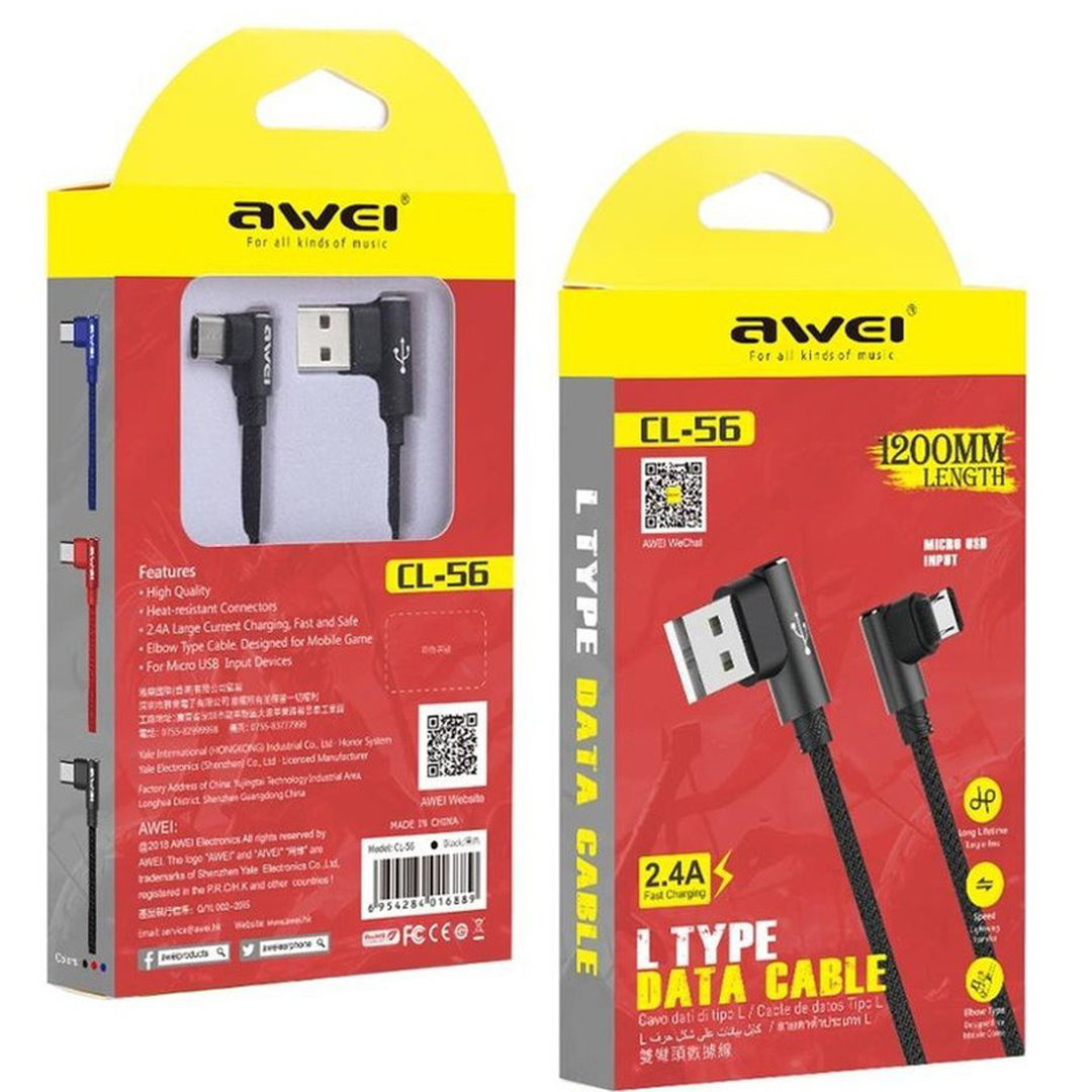 Awei Angle (90°) / Braided USB 2.0 to micro USB Cable Μαύρο 1.2m (CL-56)