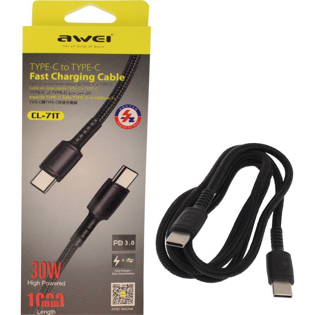 Awei CL-71T Braided USB 2.0 Cable USB-C male - USB-C male Μαύρο 1m