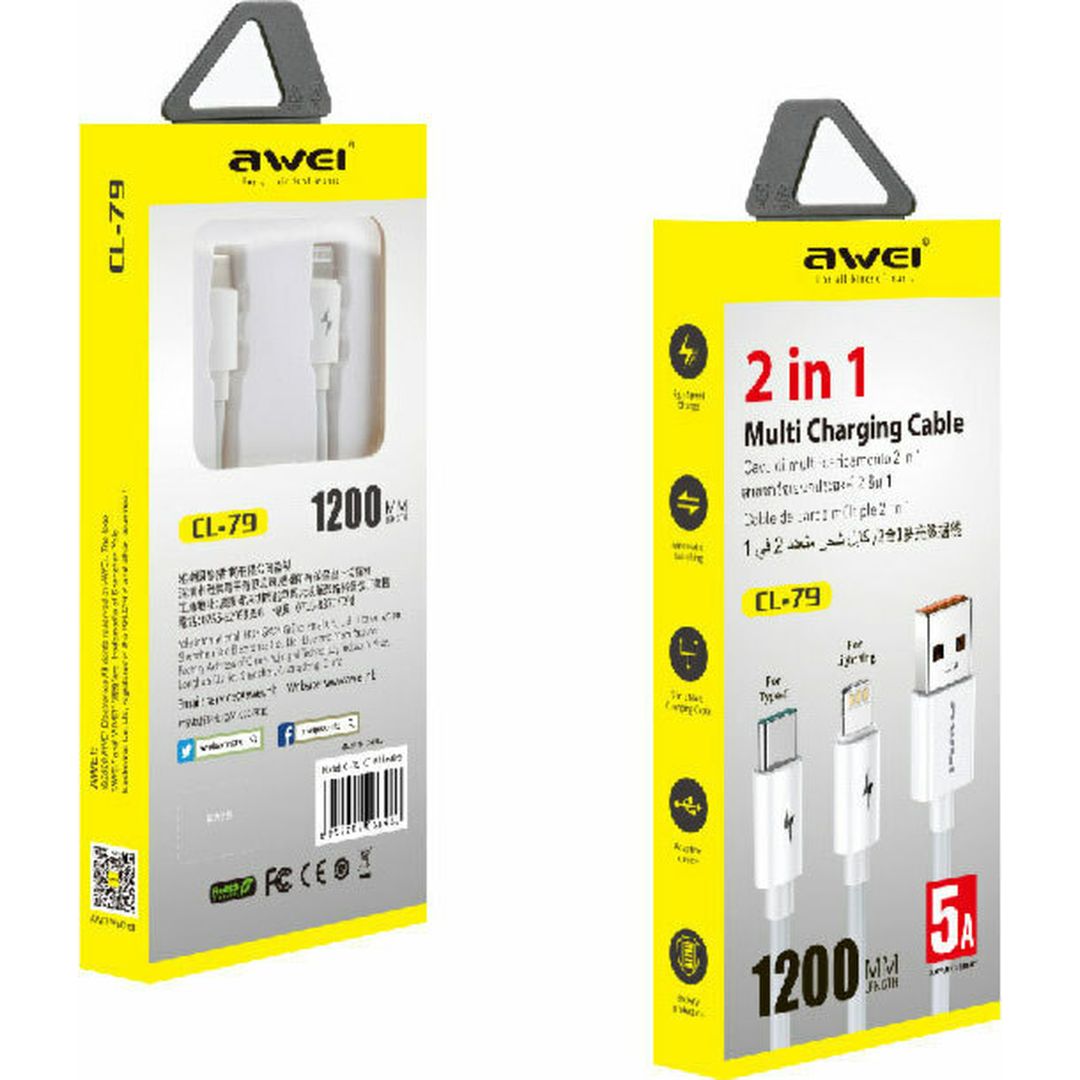 Awei CL-79 Regular USB to Lightning / Type-C Cable 5A Λευκό 1.2m