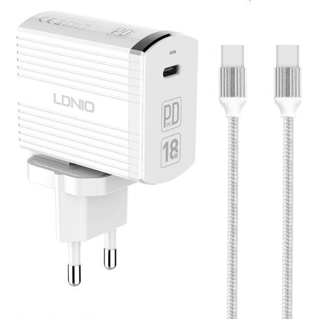 Ldnio Φορτιστής με Θύρα USB-C και Καλώδιο USB-C 18W Power Delivery Λευκός (A1302Q-C)