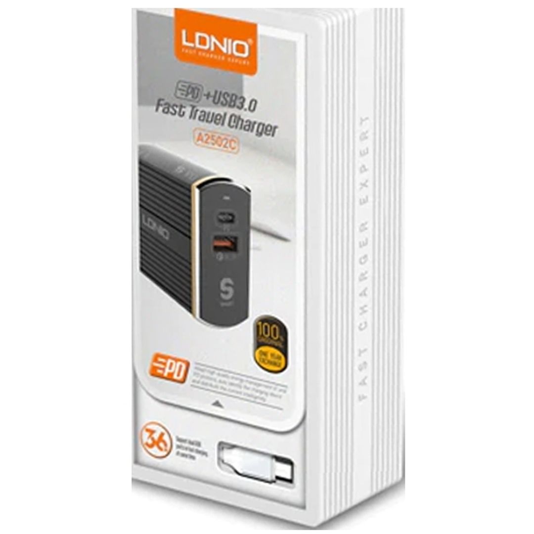 Ldnio Φορτιστής με Θύρα USB-A και Θύρα USB-C και Καλώδιο USB-C Power Delivery / Quick Charge 3.0 Μαύρος (A2502C)