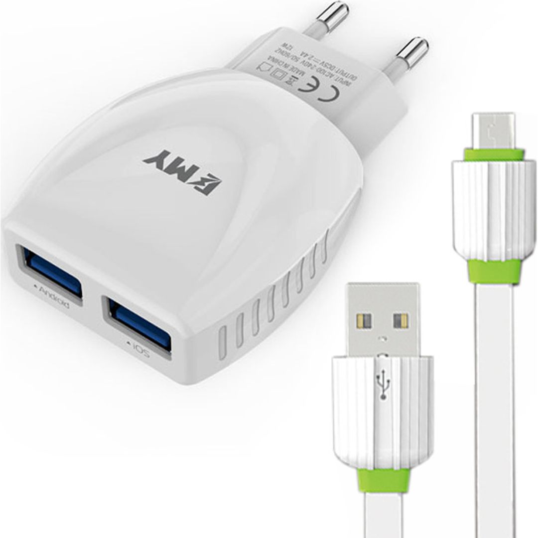 Emy Power Φορτιστής με 2 Θύρες USB-A και Καλώδιο micro USB Λευκός (MY-221)