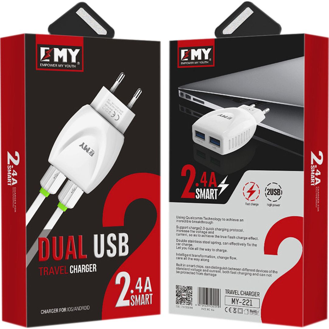 Emy Power Φορτιστής με 2 Θύρες USB-A και Καλώδιο Lightning Λευκός (MY-221)