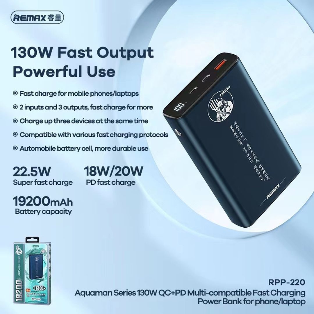 Remax Aquaman Power Bank 19200mAh 130W με Θύρα USB-A και 2 Θύρες USB-C Power Delivery Μπλε