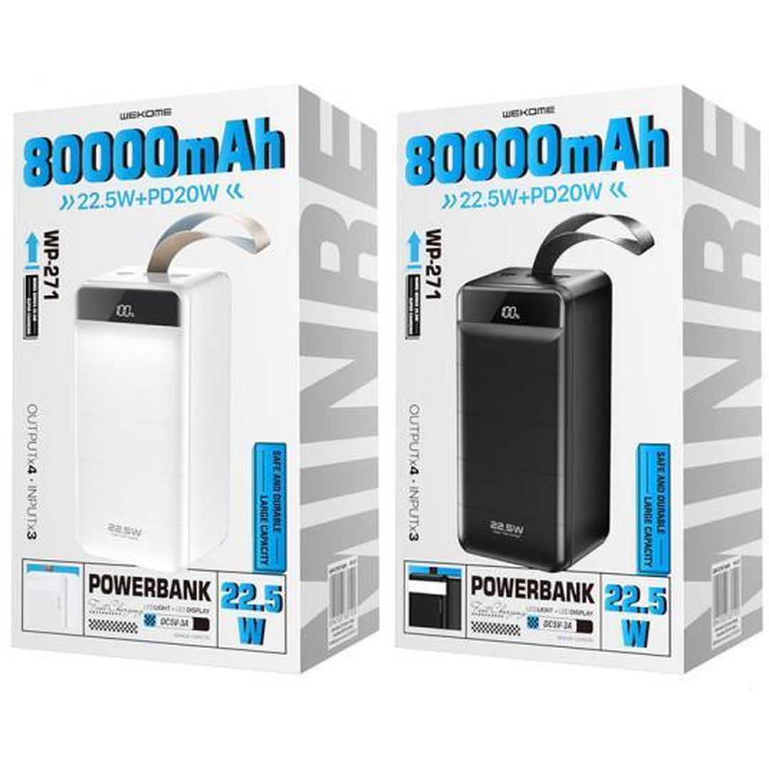 WK WP-271 Power Bank 80000mAh 22.5W με 3 Θύρες USB-A και Θύρα USB-C Power Delivery / Quick Charge 3.0 Minre White