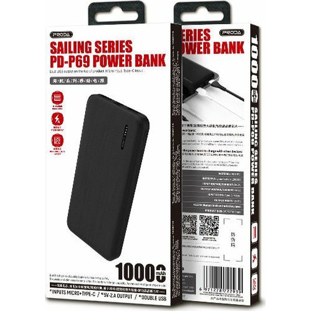 Proda Azeada PD-P69 Power Bank 10000mAh με 2 Θύρες USB-A Μαύρο