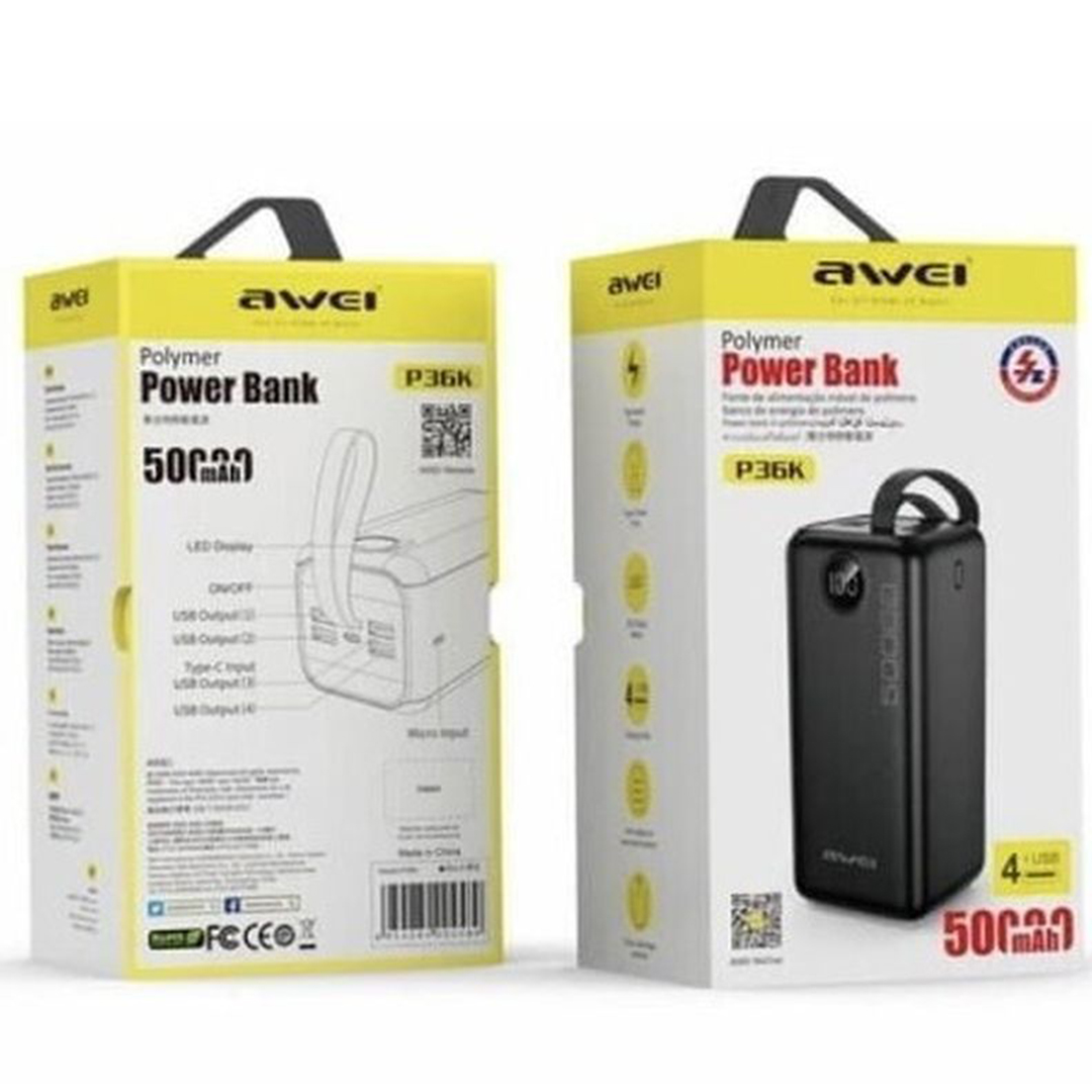 Awei P36K Power Bank 50000mAh 22.5W με 4 Θύρες USB-A και Θύρα USB-C Power Delivery Μαύρο