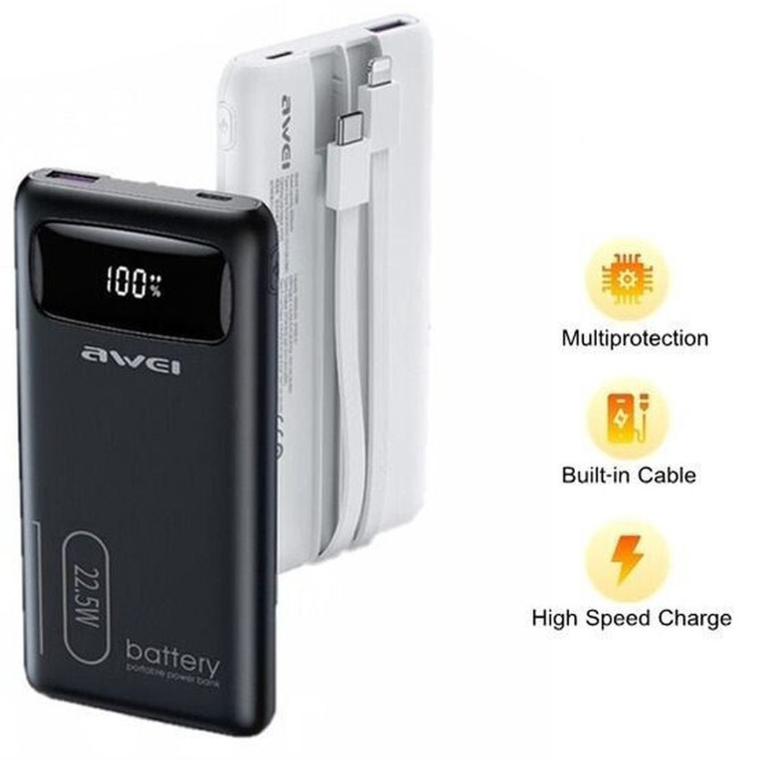 Awei P168K Power Bank 10000mAh 22.5W με Θύρα USB-A και Θύρα USB-C Quick Charge 3.0 Μαύρο