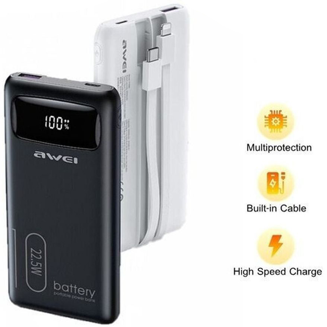 Awei P168K Power Bank 10000mAh 22.5W με Θύρα USB-A και Θύρα USB-C Quick Charge 3.0 Λευκό
