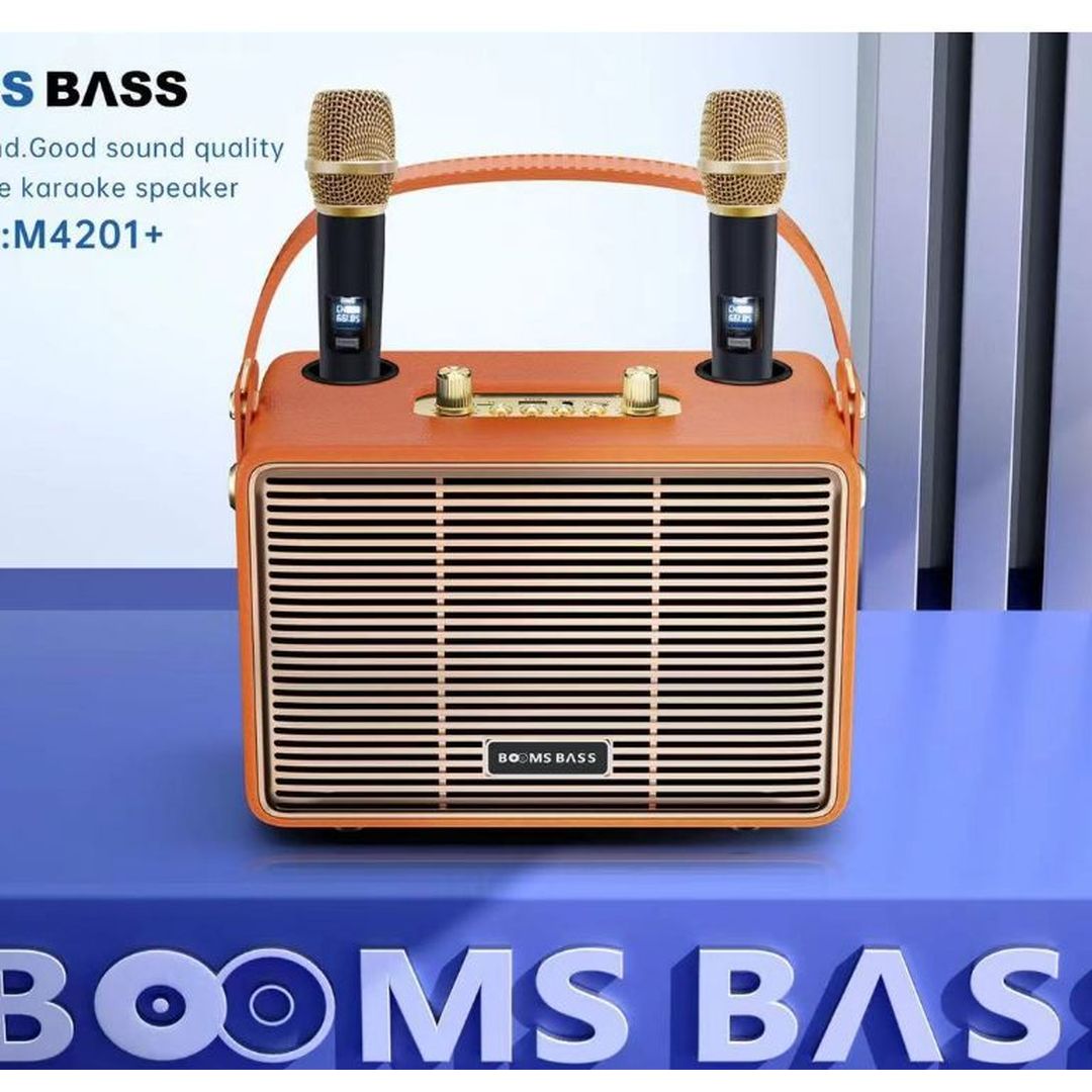 Ηχείο karaoke bluetooth boom bass M4201+ με 2 μικρόφωνα πορτοκαλί