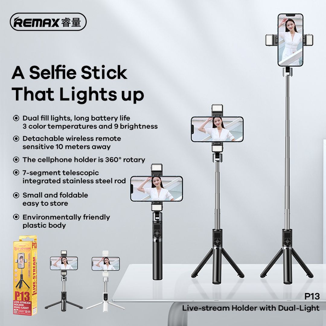 Remax P13 Selfie Stick Τρίποδο Κινητού με Bluetooth Μαύρο