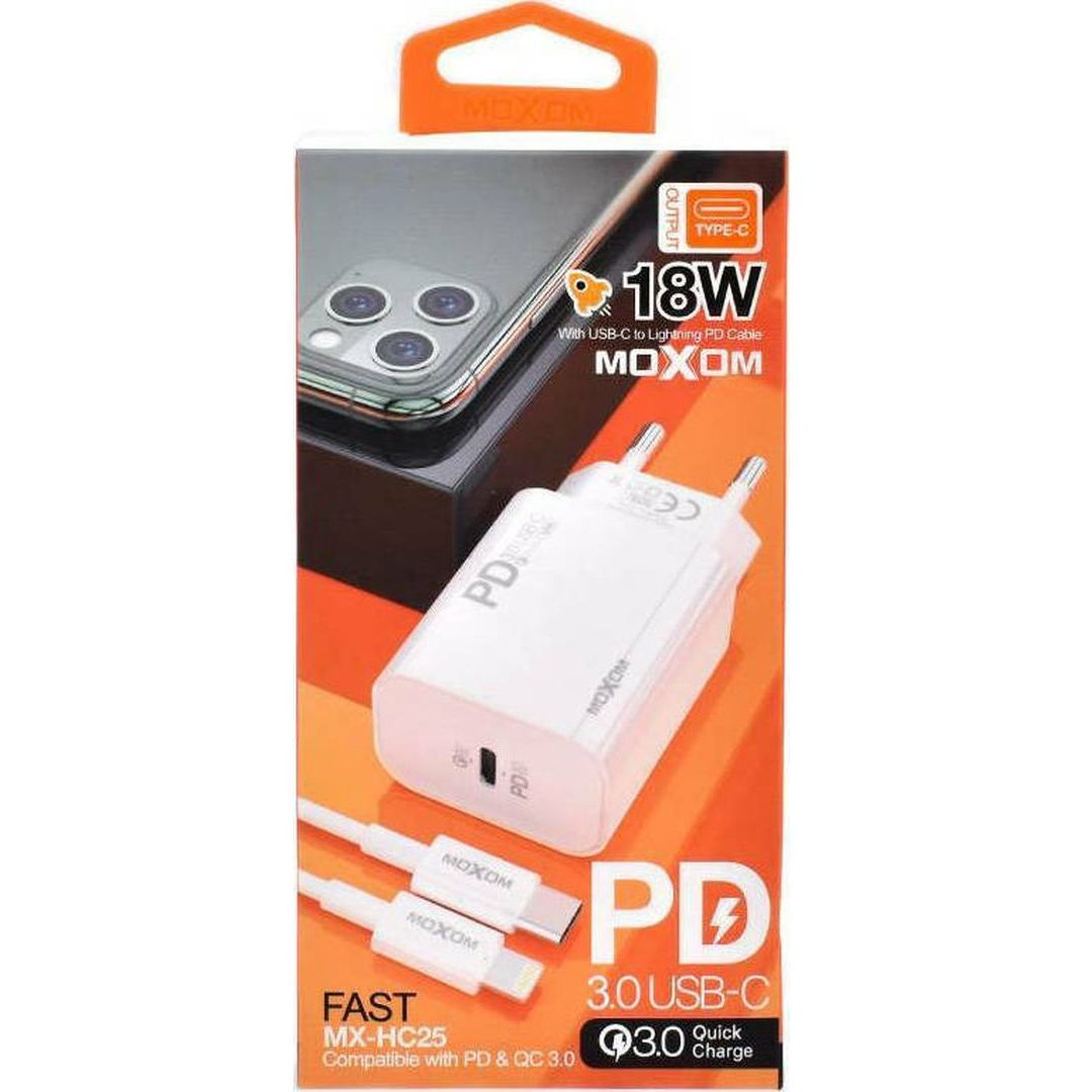 Moxom Φορτιστής με Θύρα USB-C και Καλώδιο Lightning Power Delivery Λευκός MX-HC25
