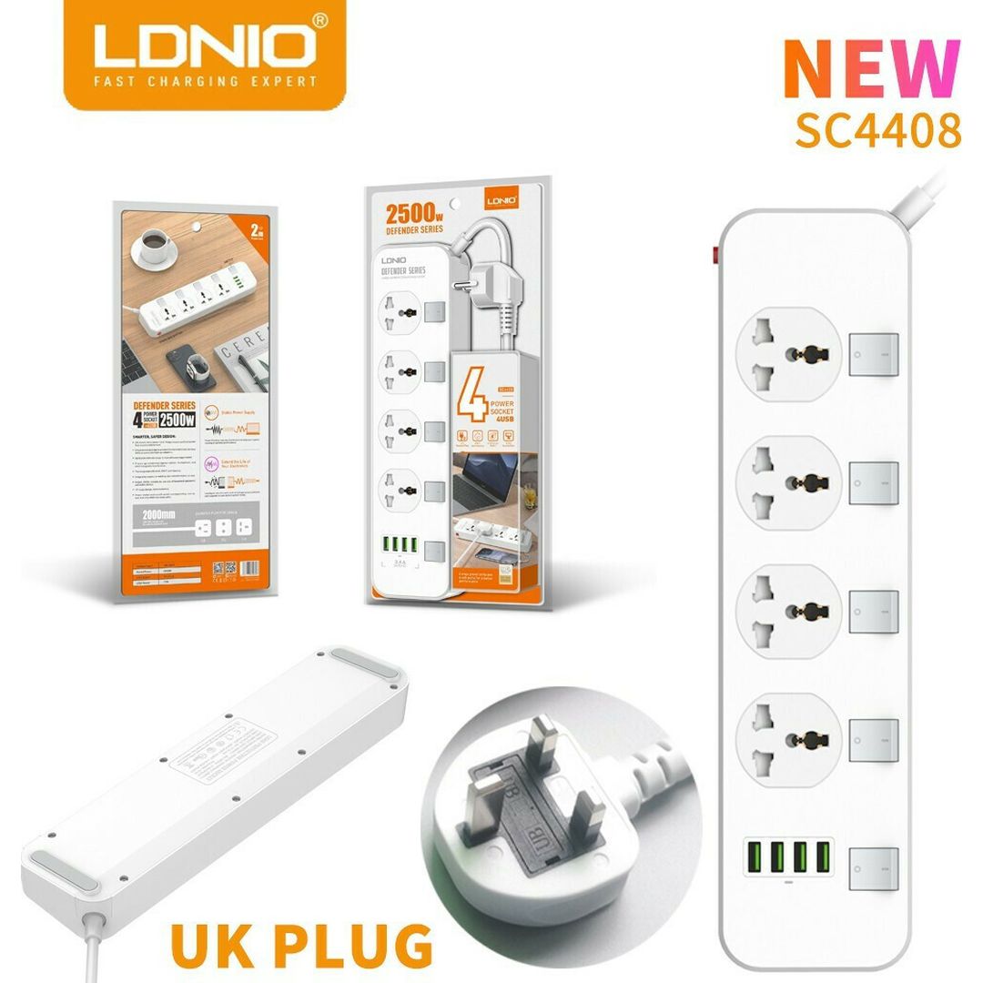 Ldnio Πολύπριζο Ασφαλείας 4 Θέσεων με Διακόπτη, 4 USB και Καλώδιο 2m Λευκό SC4408