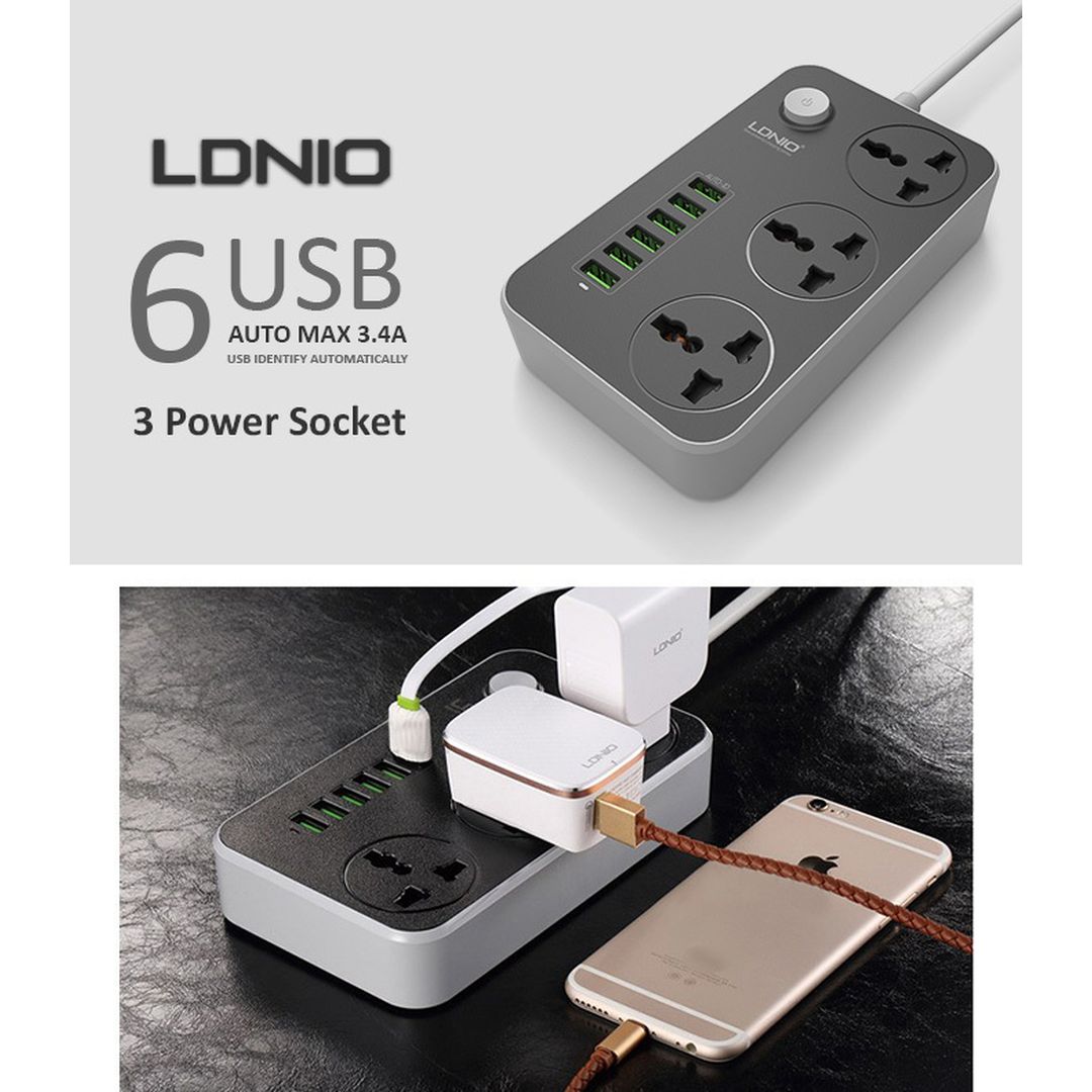 Ldnio Πολύπριζο 3 Θέσεων με Διακόπτη, 6 USB και Καλώδιο 2m Μαύρο SC3604