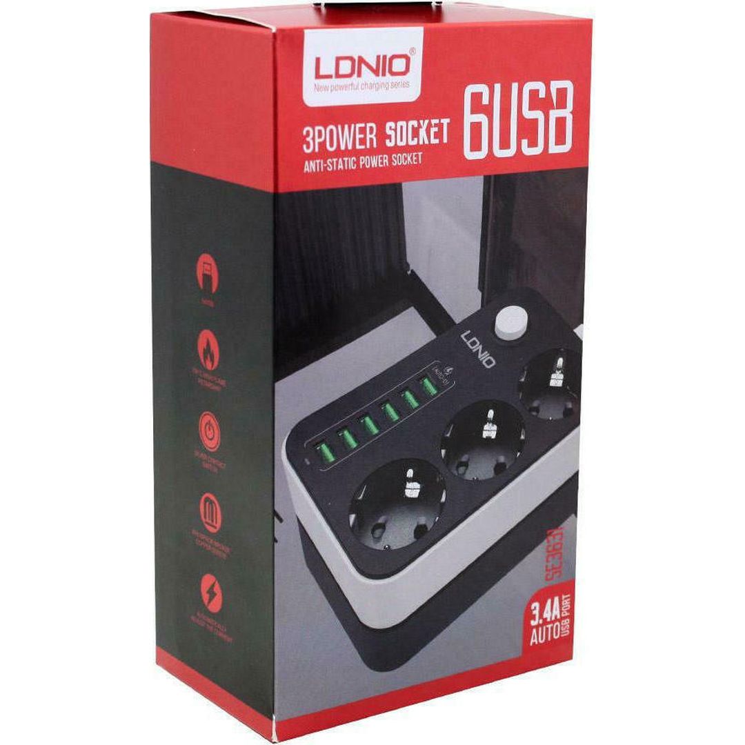 Ldnio SC3631 Πολύπριζο 3 Θέσεων με Διακόπτη, 6 USB και Καλώδιο 1.6m Μαύρο