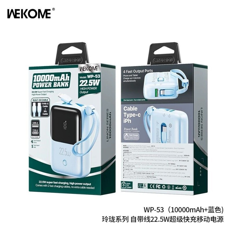 WK WP-53 Power Bank 10000mAh 22.5W με Θύρα USB-A και Θύρα USB-C Γαλάζιο