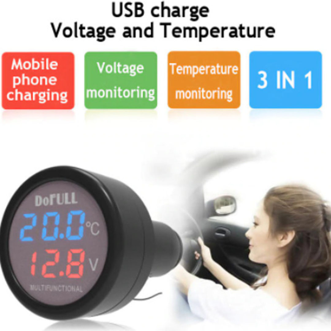 Ψηφιακό θερμόμετρο και βολτόμετρο αναπτήρα αυτοκινήτου με φορτιστή USB DoFull