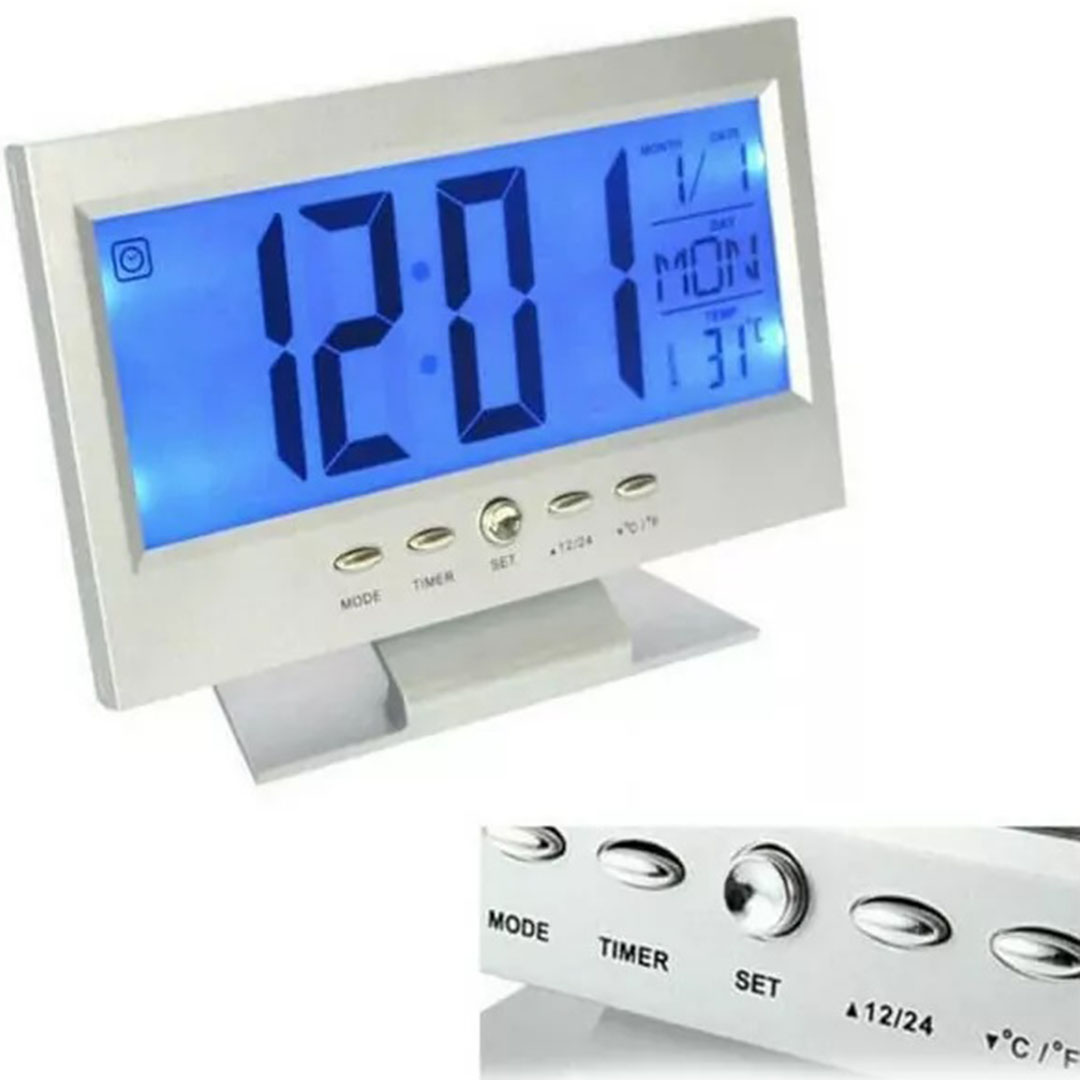 Ρολόι ξυπνητήρι με αισθητήρα ήχου, LCD οθόνη και ένδειξη θερμοκρασίας DS-8082 σε ασημί χρώμα