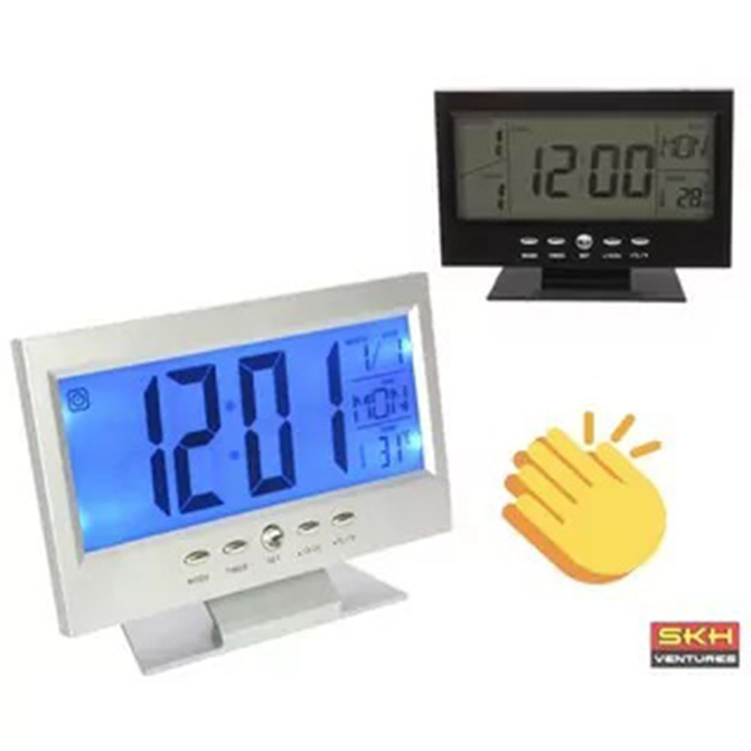 Ρολόι ξυπνητήρι με αισθητήρα ήχου, LCD οθόνη και ένδειξη θερμοκρασίας DS-8082 σε ασημί χρώμα