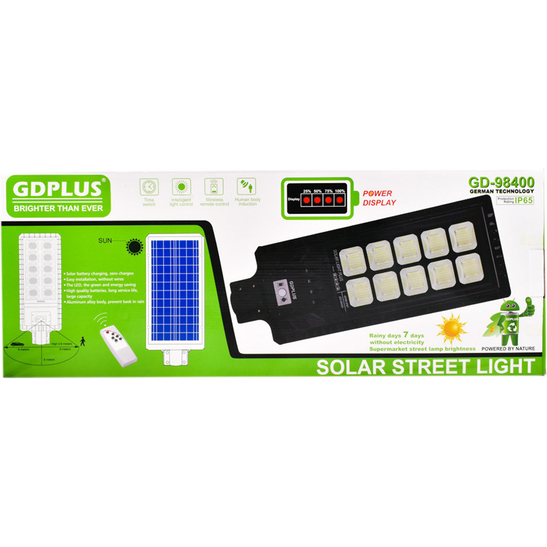 Ηλιακό φωτιστικό δρόμου 400W λευκού φωτισμού με ανιχνευτή κίνησης και τηλεχειριστήριο GDPLUS GD-98400 σε μαύρο χρώμα