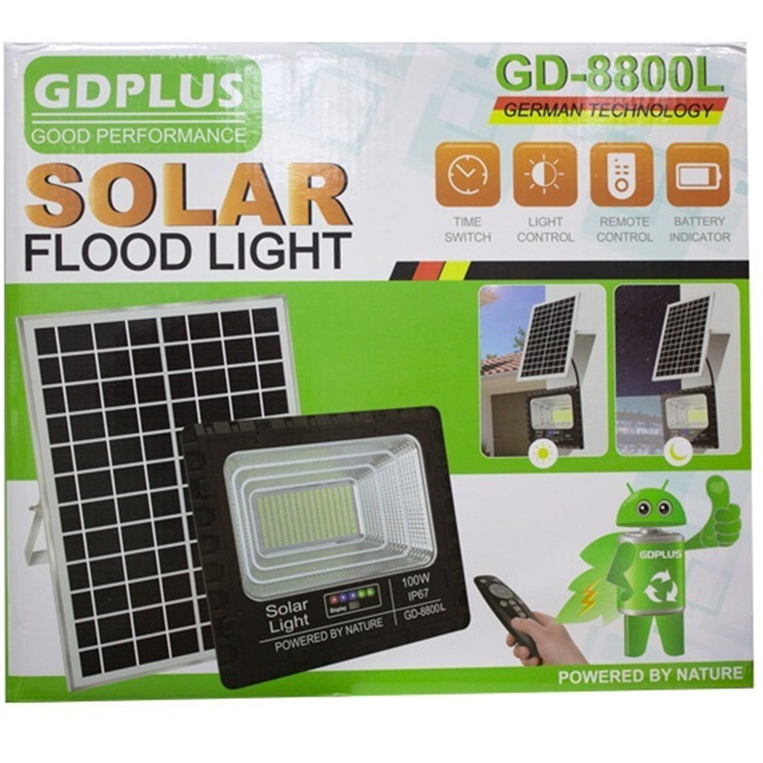 Στεγανός ηλιακός προβολέας IP67, ισχύος 100W με τηλεχειριστήριο και αισθητήρα φωτός GDPLUS GD-8800L