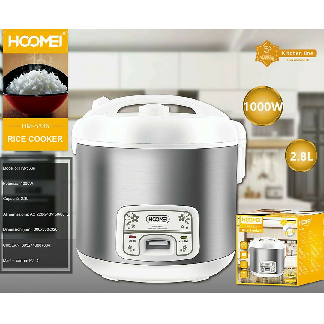 Βραστήρας ρυζιού 1000W - rice coocker 2.8Lt Hoomei HM-5336 σε λευκό-ίνοξ