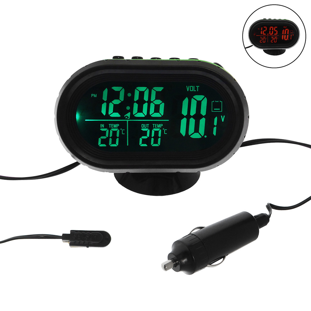 Ψηφιακό βολτόμετρο, θερμόμετρο, ρολόι αυτοκινήτου 9.2x6.5x2.5cm VST-7009V σε μαύρο/πράσινο χρώμα